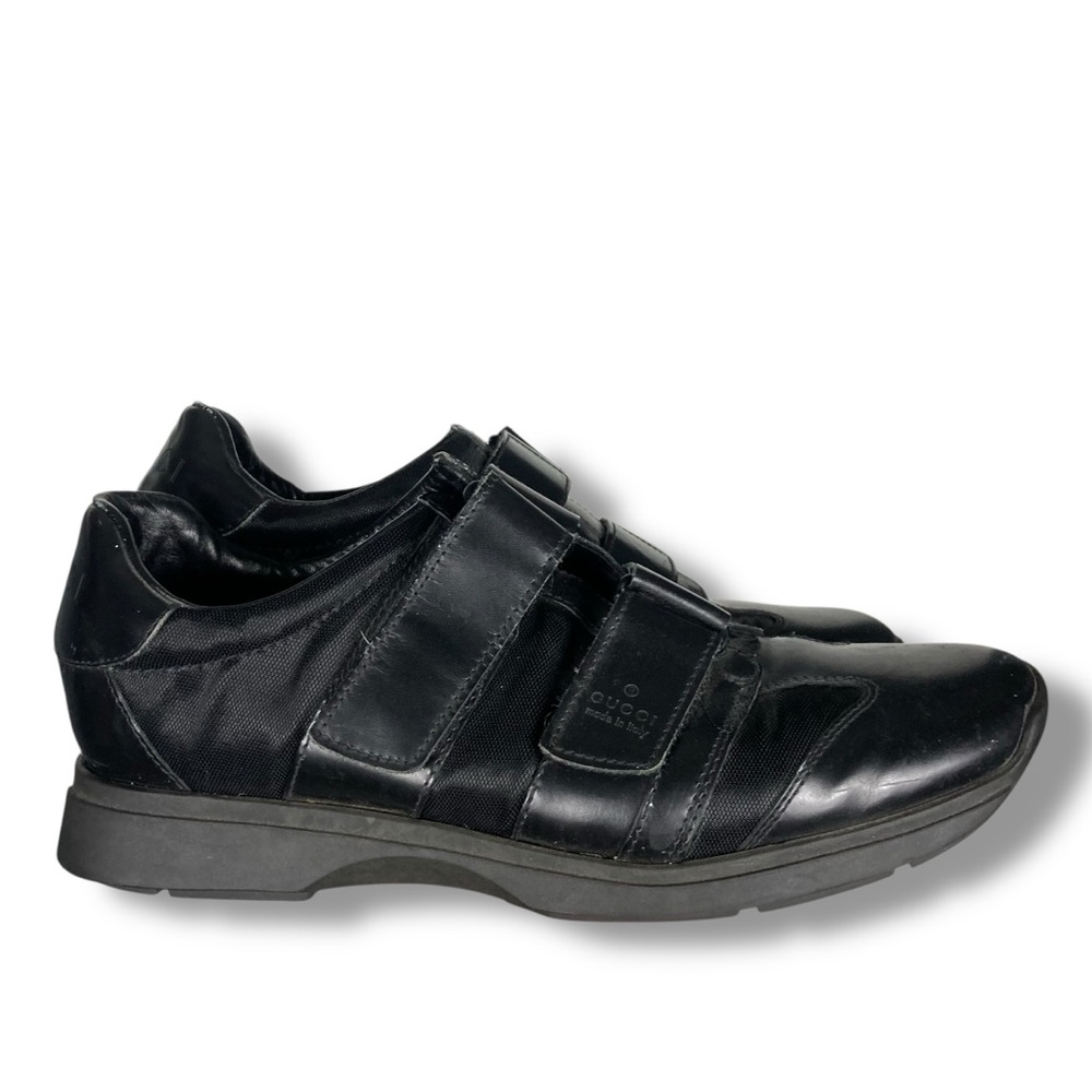 Authentic Gucci Leather And Mesh Double Velcro Shoes Black Logo Italy 9.5